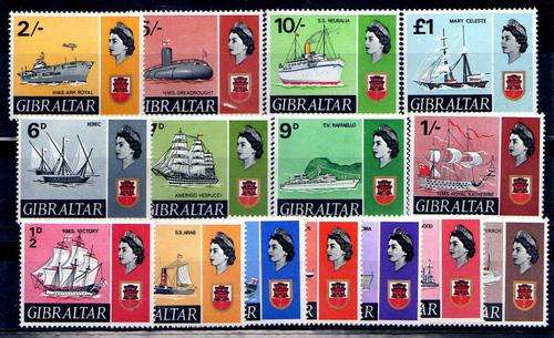 GIBRALTAR 1967"SHIPS" SET OF 15 U.M.M. SG 200-213. CAT 38 POUNDS.