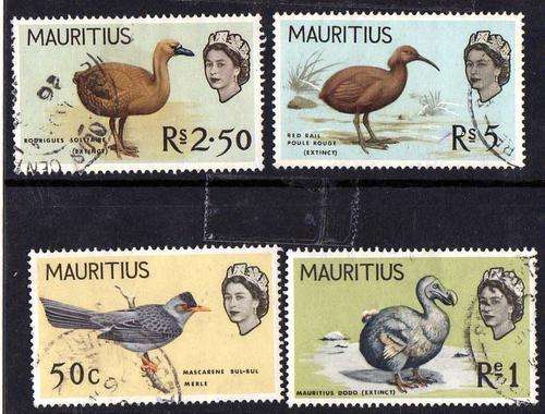MAURITIUS 1965 BIRD DEFIN 4 STAMPS V.F.U. SG 326, 328, 329 & 330. CAT 25 POUNDS.