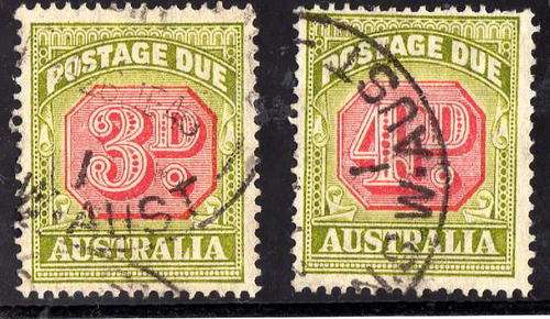 AUSTRALIA 1938 POSTAGE DUE 3d + 4d FINE USED. SG D115-116. CAT 13,6 POUNDS.