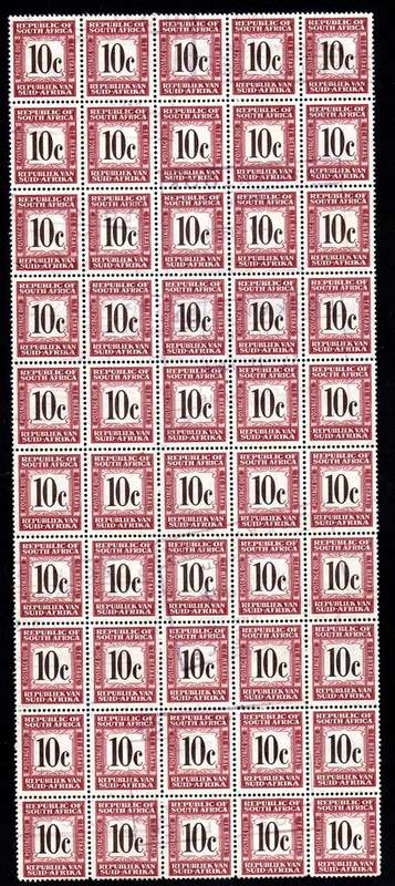 RSA 1961 10c POSTAGE DUE BLOCK OF 50. USED. SACC D55.