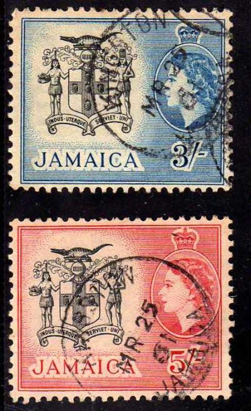 JAMAICA 1956 DEFIN 2 STAMPS 3/- AND 5/- VERY FINE USED. SG 171 & 172. CAT 11 POUNDS.