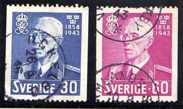 SWEDEN 1943 "85th BIRTHDAY KING GUSTAV V" 30 + 60 ORE V.F.U. SG 265-66. CAT 4,60 POUNDS.