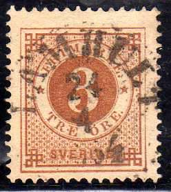 SWEDEN 1872. 3 ORE BROWN VERY FINE USED. SG 30. CAT 21 POUNDS.