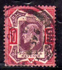 GREAT BRITAIN 1902 KE VII DEFIN 10d PURPLE & RED FINE USED. SG 311. CAT 60 POUNDS.