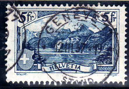 SWITZERLAND 1914 "MOUNTAIN VIEWS" 5Fr BLUE VERY FINE USED. SG 296. CAT 3,75 POUNDS.