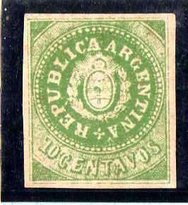 ARGENTINA 1862 IMPERF 10c GREEN MINT NO GUM 4 MARGINS. SG 8. CAT 150 POUNDS.