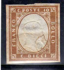 SARDINIA 1855 VICTOR EMMANUEL II 10c BISTRE MINT PART ORIGINAL GUM 4 MARGINS SG 40. CAT 8,50 POUNDS.