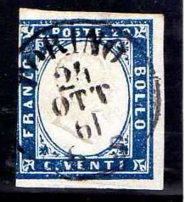 SARDINIA 1855 VICTOR EMMANUEL II 20c BLUE. FINE USED. SG 47. CAT 29 POUNDS.