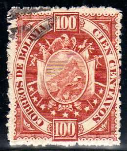 BOLIVIA 1894 100c RED FINE USED BUT SLIGHTLY THINNED. SG 69. CAT 29 POUNDS.