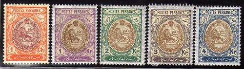 IRAN 1909 DEFIN PART SET OF 5 MOUNTED MINT. SG 337, 345-348.