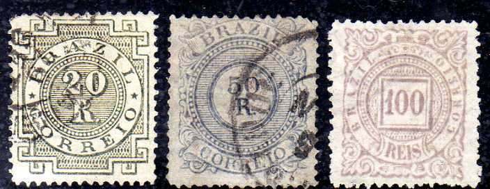 BRAZIL 1884 DEFIN 3 STAMPS 20R, 50R & 100R FINE USED. SG 78, 80 & 83. CAT 13 POUNDS.