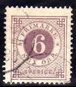 SWEDEN 1872 DEFIN 6ORE MAUVE V.F.USED. SG 33. CAT 46 POUNDS.