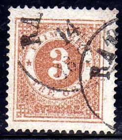 SWEDEN 1872 DEFIN 3 ORE BROWN V.F.USED. SG 30. CAT 15 POUNDS.