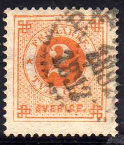 SWEDEN 1872 DEFIN 2 ORE ORANGE V.F.USED. SG 29. CAT 4,75 POUNDS.