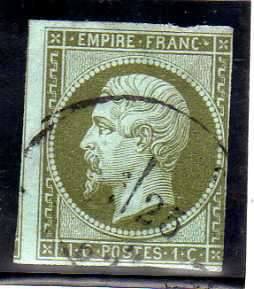 FRANCE 1853 1c OLIVE IMPERF FINE USED. SG 42. CAT 110 POUNDS.