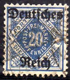 GERMANY 1920 MUNICIPAL SERVICE STAMP OF WURTTEMBERG OPT DEUTSCHES REICH 20pf BLUE FINE USED. SG O158