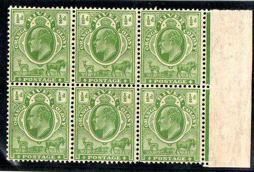 ORANGE RIVER COLONY 1905 1/2d DEFIN BLOCK OF 6 U.M.M. W/MARK MULTI CROWN CA. SACC 93. CAT R1800.