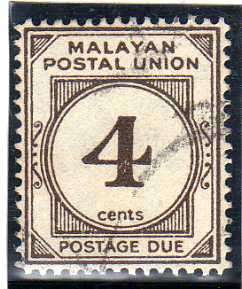 MALAYSIA 1951 POSTAGE DUE 4c V.F.U. PERF 14 W/MARK MULTI SCRIPT CA. SG D17. CAT 7 POUNDS.
