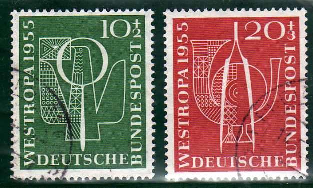 GERMANY (WEST) 1955 "STAMP EXHIBITION" SET OF 2 V.F.U. SG 1143-44. CAT 25 POUNDS.