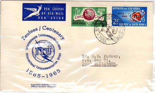 SOUTH AFRICA 1965 `ITU` FIRST DAY CARD 2 DIAMONDS FDC NO 1. CAT R1500. (SACC 2023-25)