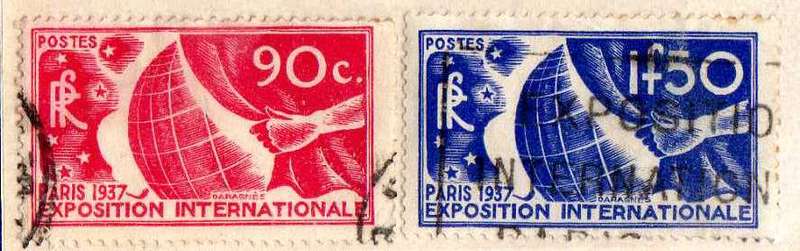 FRANCE 1936 PARIS EXHIBITION 2 STAMPS 90c + 1f50 V.F.U. SG 559-60. CAT 14,50 POUNDS.