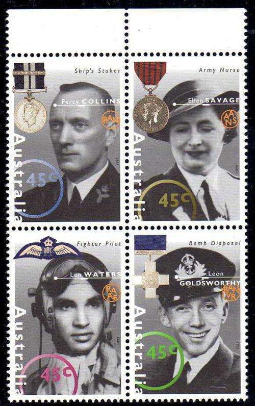 AUSTRALIA 1995 "2nd WORLD WAR HEROES" BLOCK OF 4 U.M.M. SG 1545-48. CAT 6 POUNDS.