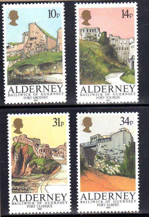 ALDERNEY 1986 "FORTS" SET OF 4 UNMOUNTED MINT. SG A28-31. CAT 6,70 POUNDS.
