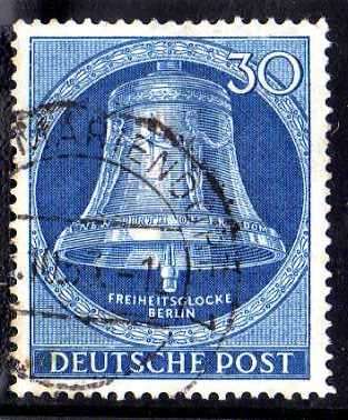 GERMANY, WEST BERLIN 1951 "FREEDOM BELL" 30pf "CLAPPER CENTRE" V.F.U. SG B104. CAT 15 POUNDS.