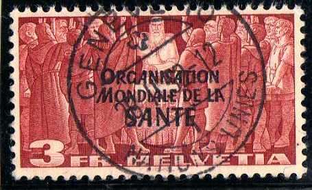 SWITZERLAND 1948 "WORLD HEALTH ORG" 3FR BROWN ON BUFF V.F.U. SG LH23. CAT 48 POUNDS.