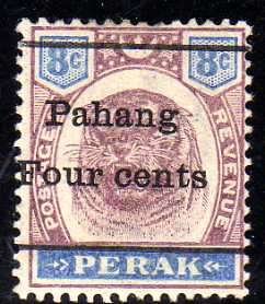 MALAYSIA PAHANG 1898 8c PERAK STAMP SURCHARGED 4c FINE MOUNTED MINT. SG 25. CAT 7 POUNDS.