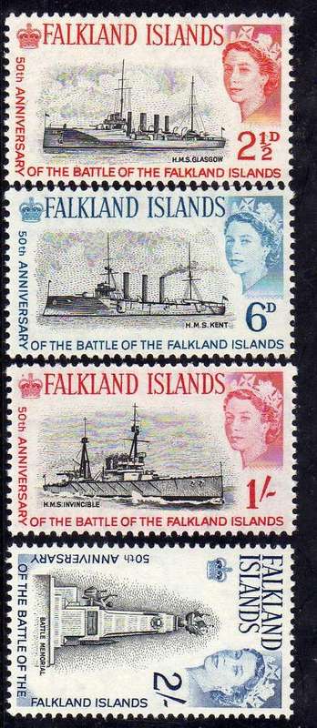 FALKLAND ISLANDS 1964 "50th ANNIV BATTLE OF FALKLAND ISL" SET OF 4 U.M.M. SG 215-18. CAT 13 POUNDS.