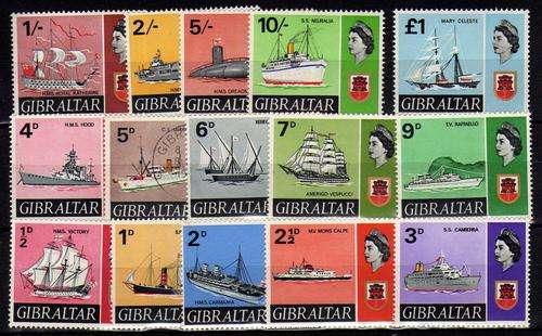 GIBRALTAR 1967 SHIP DEFIN ORIGINAL SET OF 14 U.M.M. PLUS LATER 5d V.F.U. SG 200-213. CAT 38 POUNDS.