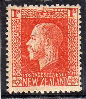 NEW ZEALAND 1915 KGV DEFIN 1/- PERF 14 x 14,5 LIGHTLY MOUNTED MINT. SG 430c. CAT 14 POUNDS.