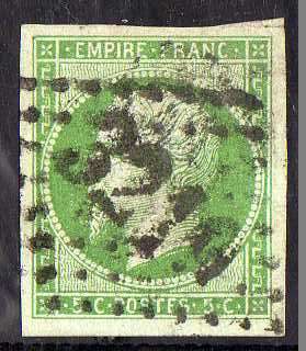 FRANCE 1853 "NAPOLEON III" 5c GREEN FINE USED. SG 45. CAT 110 POUNDS.