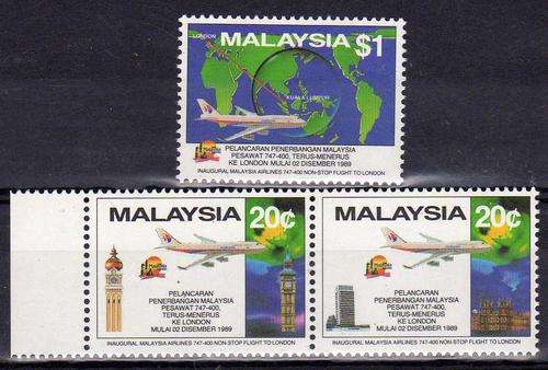 MALAYSIA 1989 "FIRST NON STOP FLIGHT TO LONDON" SET OF 3 U.M.M. SG 427-29. CAT 10 POUNDS.