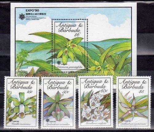 ANTIGUA 1990 "GARDEN EXHIB" PART SET OF 4 + M/S U.M.M. SG 1369,1371-2, 1376 + MS 1377. CAT 9,90 GBP.