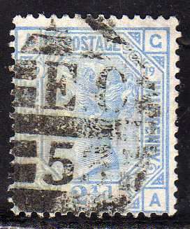 GREAT BRITAIN 1873-80 2,5d BLUE PLATE 19 FINE USED. SG 142. CAT 55 POUNDS.(2018)