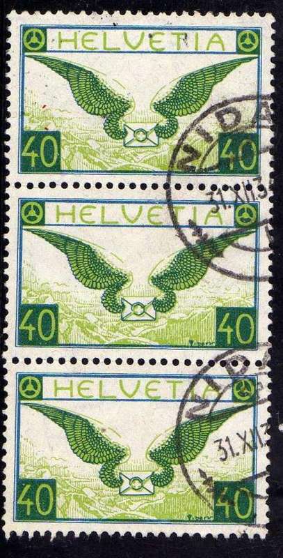 SWITZERLAND 1923 AIR 40c BLUE & GREEN STRIP OF 3 V.F.USED. SG 322a. CAT 360 POUNDS.