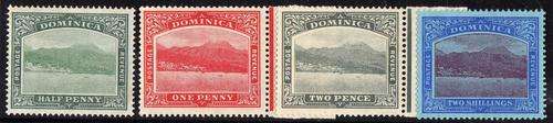 DOMINICA 1903 & 1908 DEFIN 4 STAMPS 1/2d, 1d, 2d & 2/- MINT. SG 27, 48b, 65 & 53b. CAT 34 POUNDS.