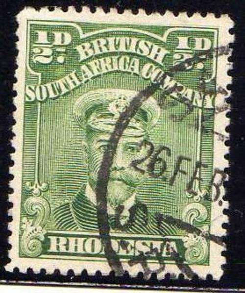 RHODESIA 1913 1/2d ADMIRAL PERF 15 GREEN V.F.U. SACC 203. CAT R200.