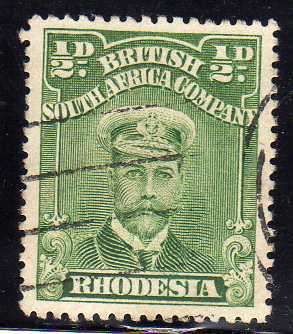 RHODESIA 1913 1/2d ADMIRAL PERF 15 GREEN V.F.U. SACC 203. CAT R200.