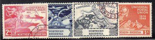 NORTHERN RHODESIA 1949 UPU SET OF 4 V.F.U. SG/SACC 50-53. CAT 8 POUNDS (2013)
