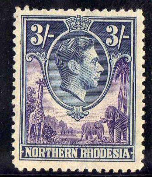 NORTHERN RHODESIA 1938 3/- DEFIN LMM. SACC 42. CAT R300. SG 42. CAT 24 POUNDS.