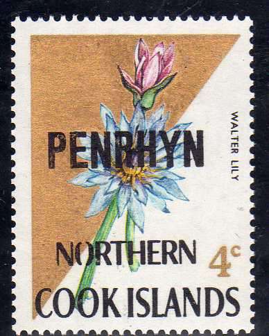 PENRHYN ISLAND 1973 DEFIN O/PRINT 4c WITH MIS-SPELT "WALTER LILY" UMM. SG 44Aa. CAT 24 POUNDS.