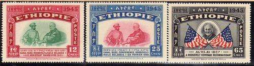 ETHIOPIA 1947 "SECOND DEATH ANNIV OF PRES ROOSEVELT" PART SET OF 3 UMM. SG 360-2. CAT 7,50 POUNDS.