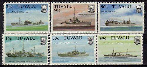 TUVALU 1990 "SECOND WORLD WAR SHIPS" SET OF 6 UMM. SG 578-83. CAT 12,50 POUNDS.