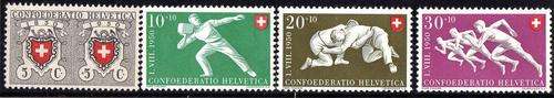 SWITZERLAND 1950 NATIONAL FETE RED CROSS FUND PART SET OF 4 MM. (NO 40c + 10c) SG 522-5. CAT 13 GBP.