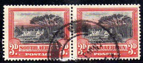 SOUTH AFRICA 1927 LONDON PICT 3d PAIR VF USED W/MARK UPRIGHT PERF 14 x 13,5 DOWN. SACC 34a CAT R900.