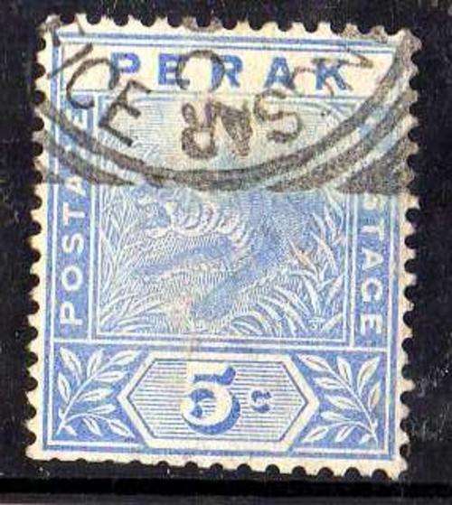 MALAYSIAN STATES PERAK 1892 5c BLUE GOOD USED. SG 64. CAT 7,50 POUNDS.