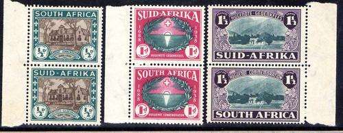 SOUTH AFRICA 1939 HUGUENOT 250TH ANNIVERSARY SET OF 3 VERTICAL PAIRS UMM. SACC 81-83. CAT R700.